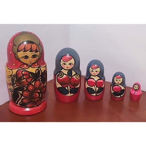 Handmade 5 Russian Nesting Dolls Complete Set - Picture 6 of 7